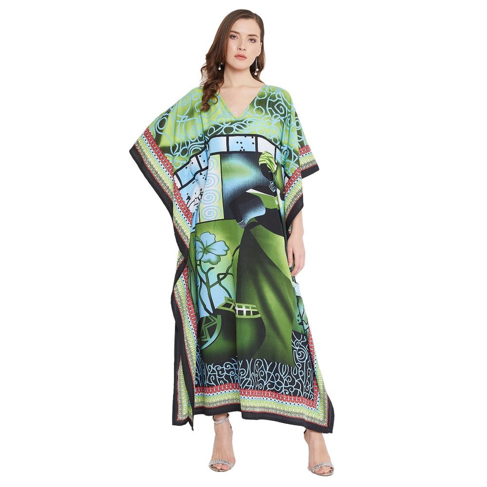 Floral Printed Green Polyester Plus Size Kaftan Dress for Women by Gypsie Blu - Picture 3 of 10